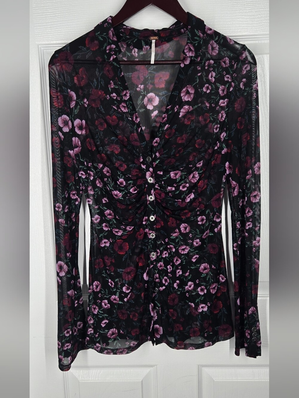 Free People Lucky Shirtee Black Bloom Floral Mesh Ruched Button Front M - Picture 11 of 14